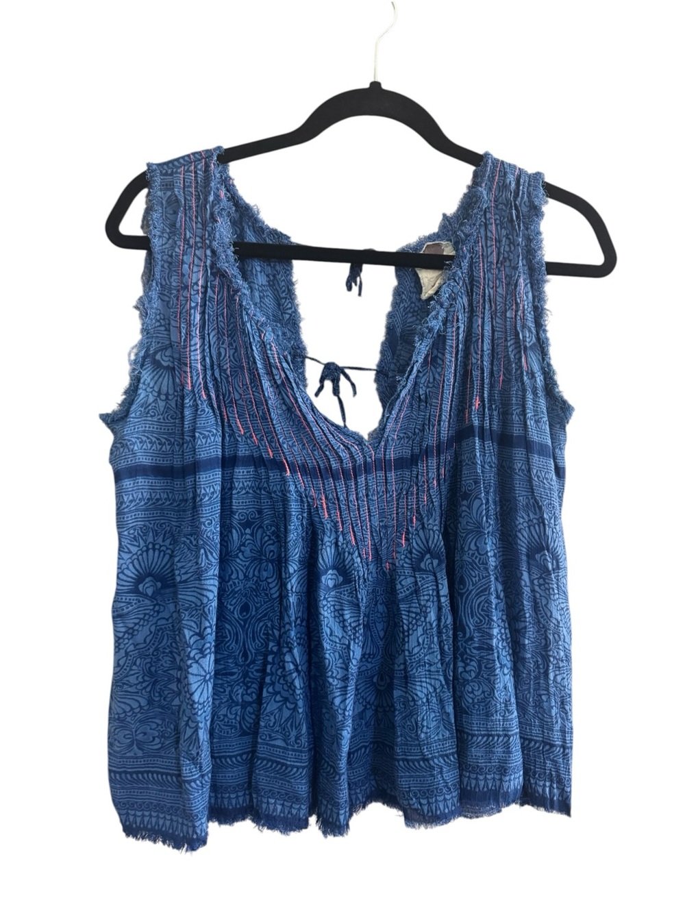 FP One Flowy cobalt blue embroidered - open Tie back Top size small Boho #7444